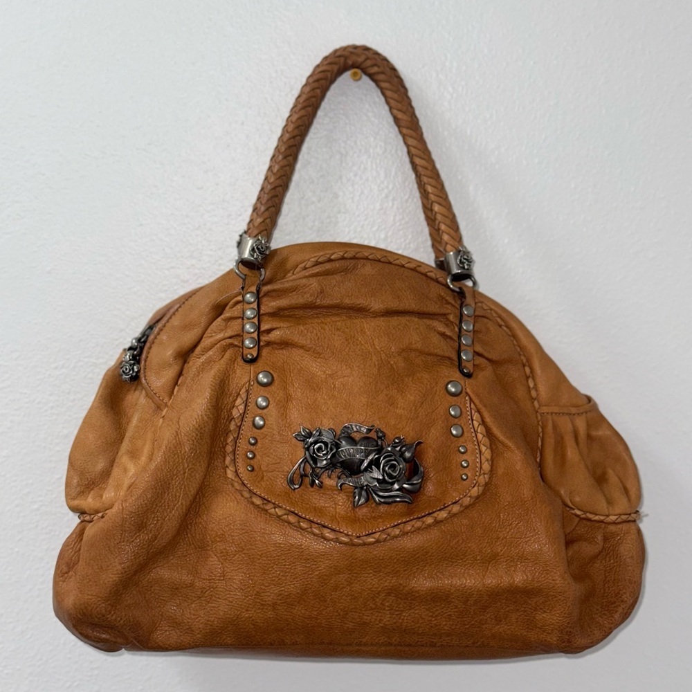 Juicy Couture Tan Leather Shoulder Bag with Floral Detail